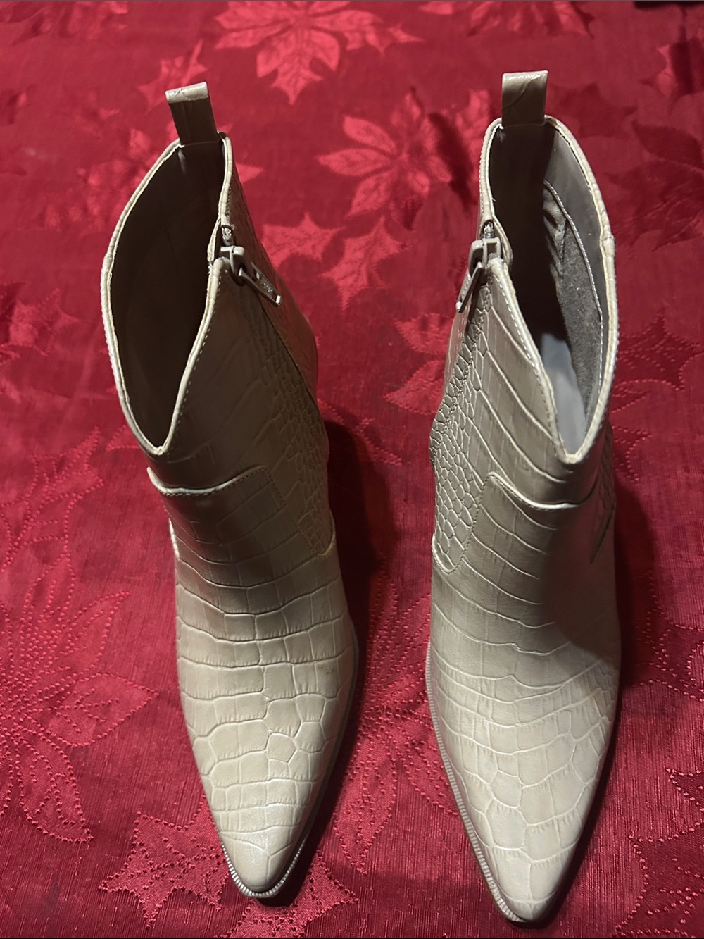 Gianni Bini Croc-Embossed Pointed Toe Ankle Boots in Light Taupe